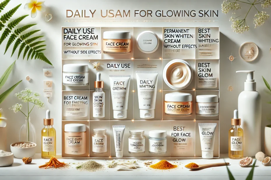 A visually engaging and informative image showcasing a variety of face creams for glowing skin, set against a light, clean background. The scene inclu