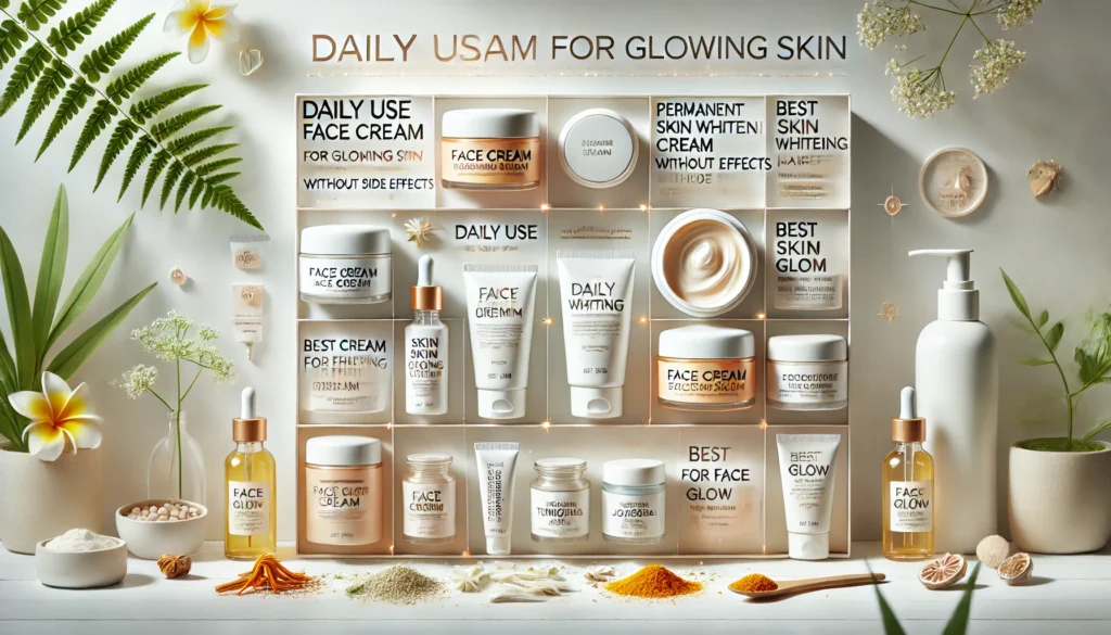 A visually engaging and informative image showcasing a variety of face creams for glowing skin, set against a light, clean background. The scene inclu